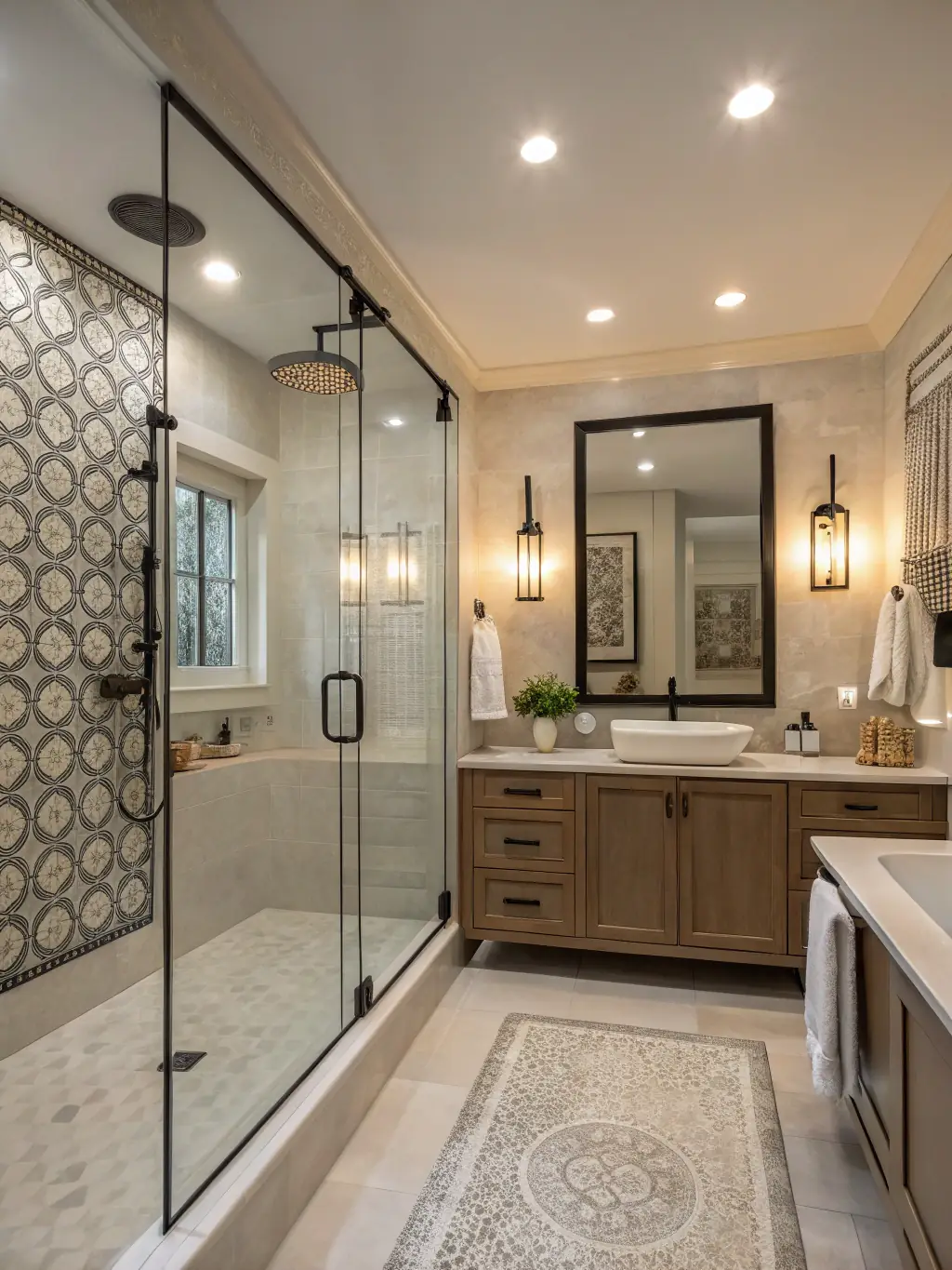 A beautifully renovated bathroom with modern fixtures, elegant tiling, and a spacious walk-in shower, highlighting luxury and comfort.