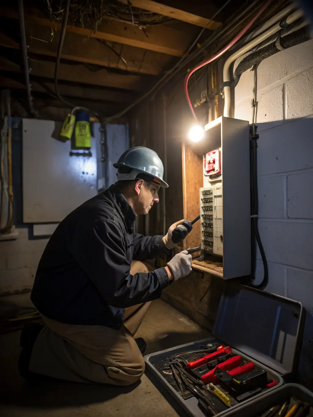 A picture of ElectricBuild's team working on a home's electrical panel, upgrading it to meet modern power demands.