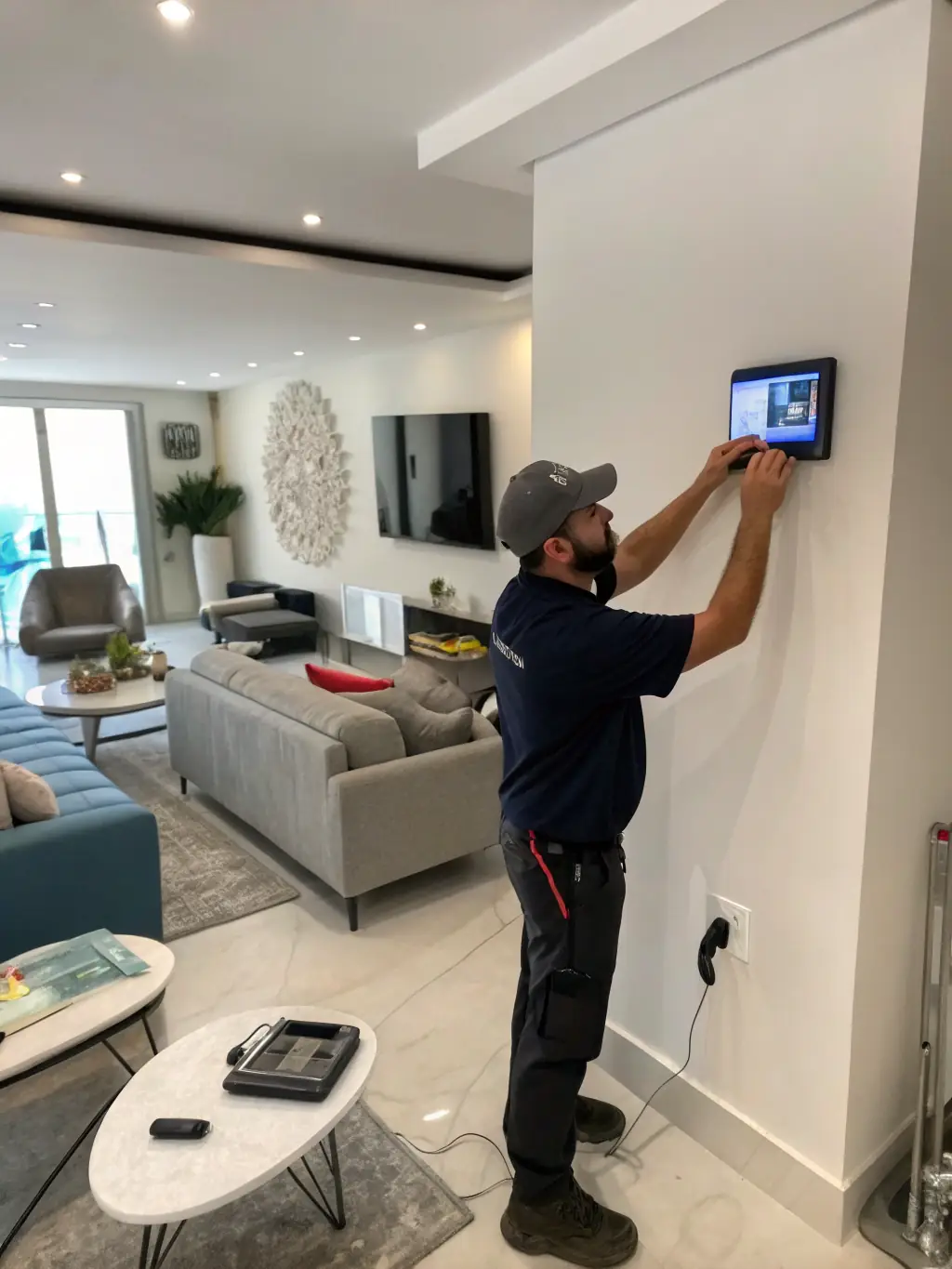 A photograph of ElectricBuild's team installing smart home technology, showcasing the integration of lighting, security, and entertainment systems.